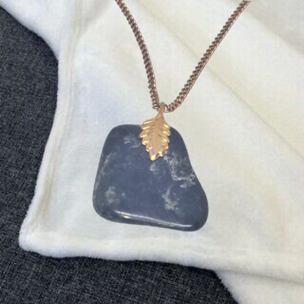 Natural Black Stone Pendant with Gold Tone Necklace